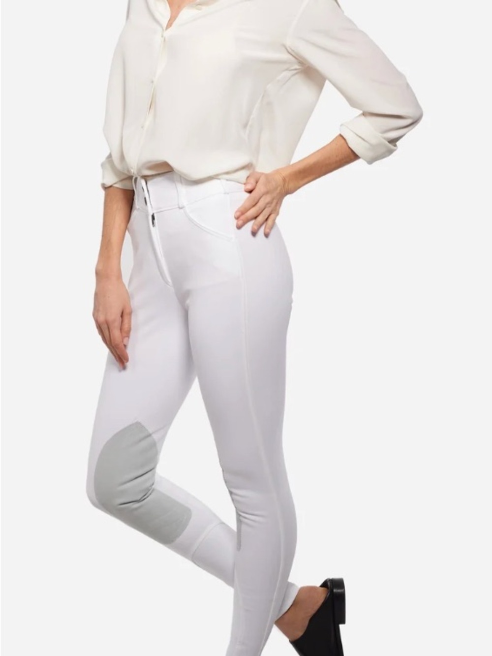 The Tailored Sportsman White Skinny Riding Breeches with Gray Knee Patch